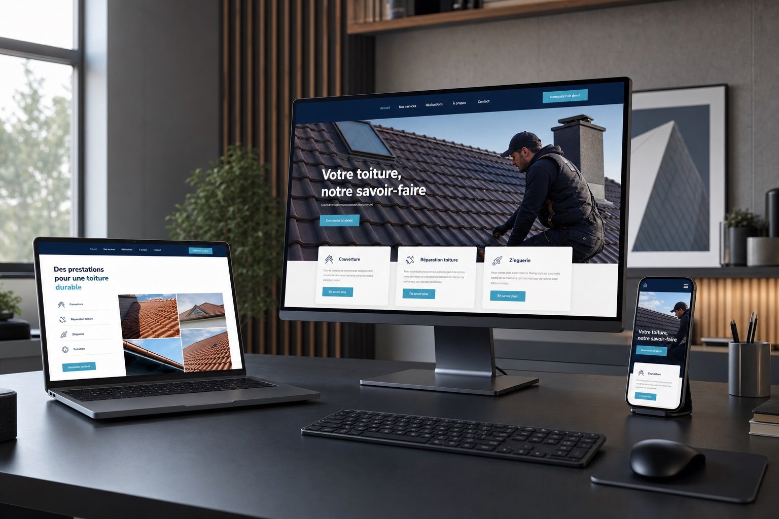 Concept de site internet professionnel pour un artisan couvreur sur ordinateur et mobile