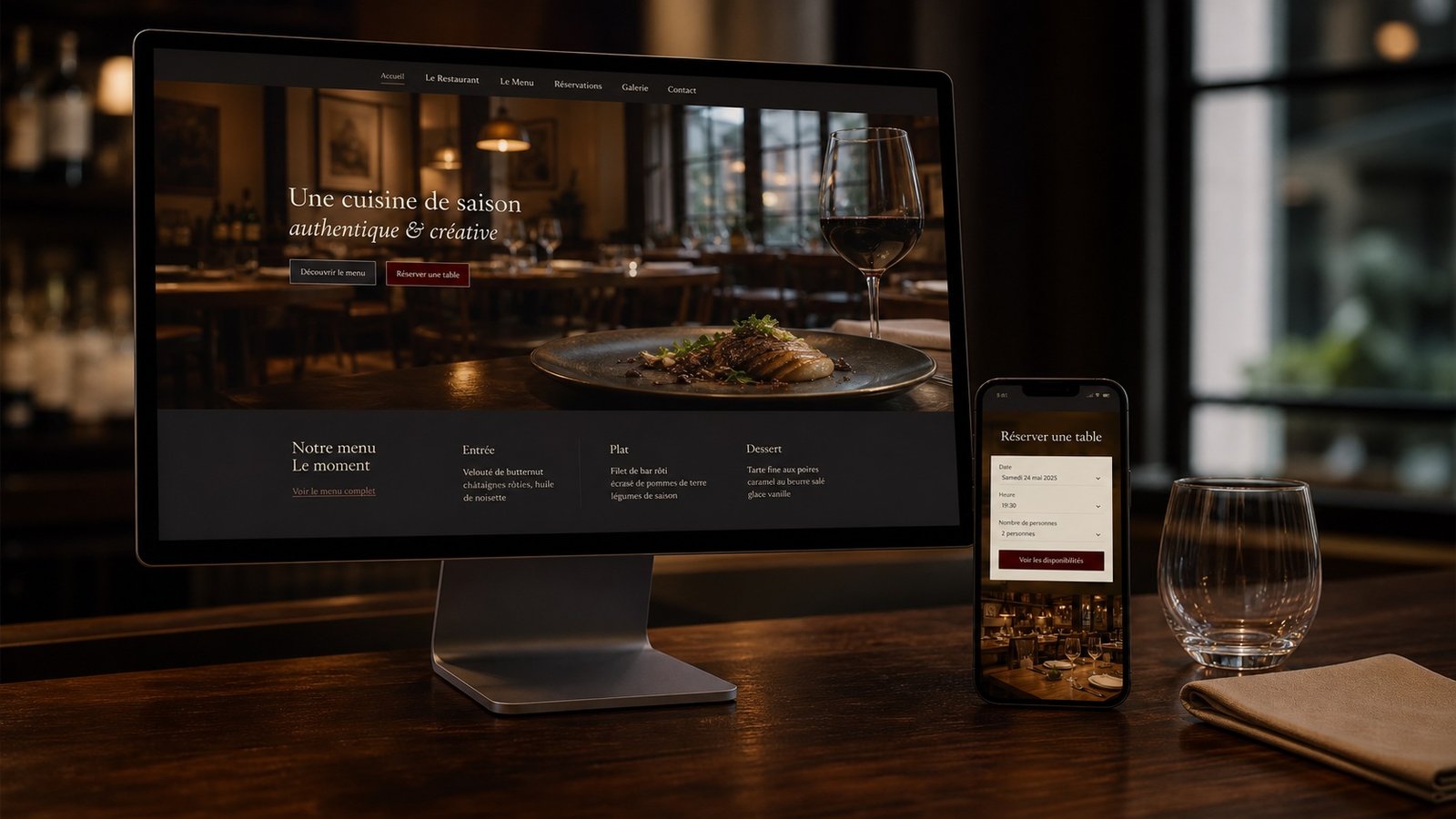 Concept de site internet professionnel pour un restaurant sur ordinateur et mobile